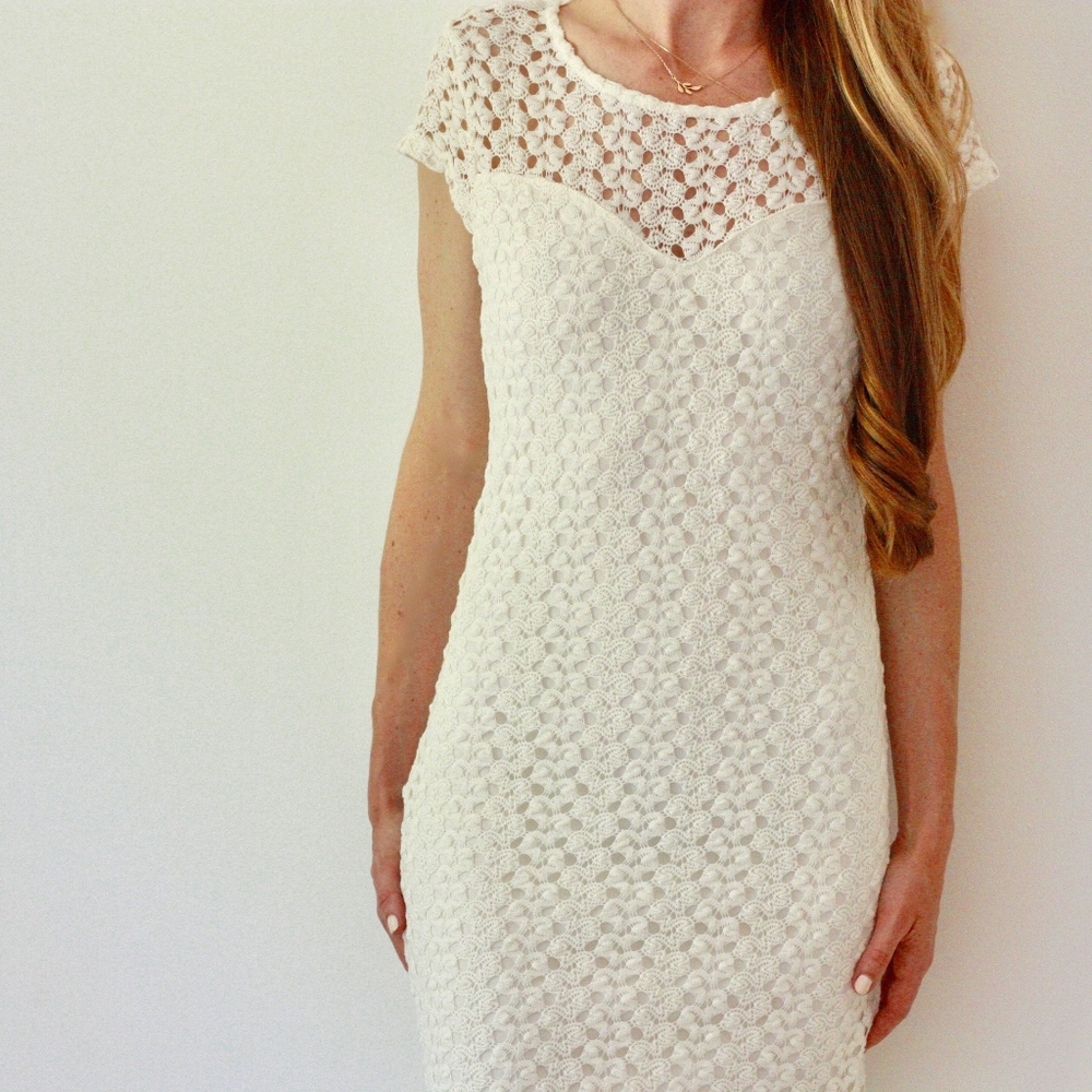 white dress with lace overlay + cap sleeves, NWT